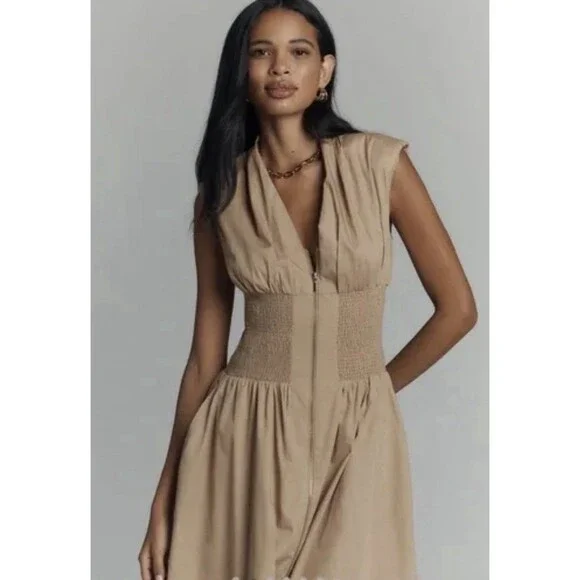 Anthropologie Shirt Dress Khaki Tommie Smocked Front Zip Preppy Boho Small NWT - Picture 5 of 11